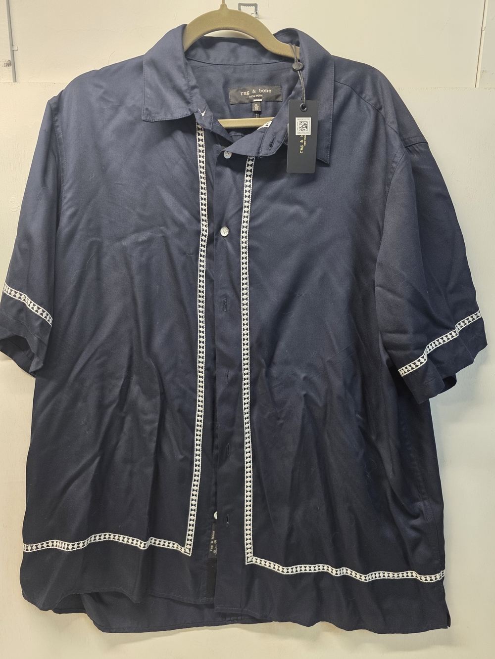 Rag & Bone Dalton Embroidered Shirt Mens XL Blue Ezra Stripe Short Sleeve NWT
